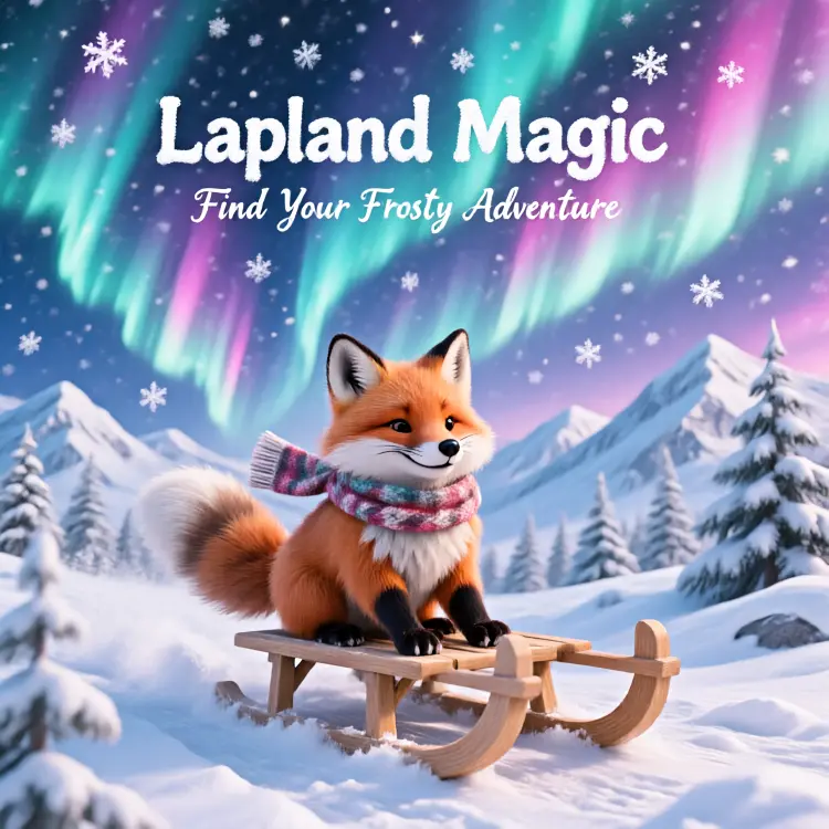 A vibrant winter wonderland poster for Lapland is presented, featuring a central illustration of a fluffy fox sledding down a snowy hill beneath an aurora borealis sky. In the foreground, a small, fluffy fox with bright orange fur is depicted joyfully riding a simple wooden sled. The fox wears a cozy, patterned scarf around its neck, and its tail curls happily as it glides over the snow. The background is dominated by a spectacular aurora borealis, with swirling curtains of light in shades of icy cyan and pink dancing across the night sky, interspersed with sparkling white snowflakes. Snow-covered mountains and pine trees are visible beneath the aurora. At the top of the poster, the text "Lapland Magic" is displayed in a large, playful font that resembles snowflakes. A smaller tagline, "Find Your Frosty Adventure," is written in an elegant script below the main title. The overall color palette consists of of icy cyan, pink, and sparkling white, creating a magical and inviting atmosphere. The presentation is that of a graphic design poster, combining illustration and typography.