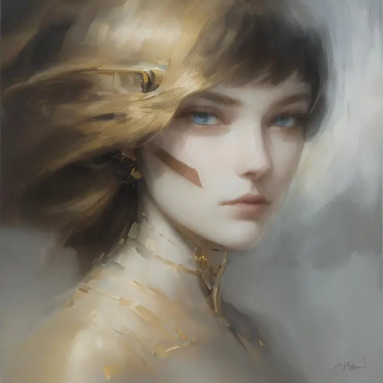 Self-portrait oil painting, a beautiful cyborg with golden hair, 8k