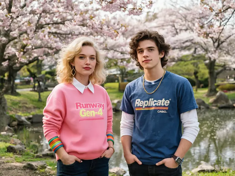 a close up portrait of @woman and @man standing in @park, hands in pockets, looking cool. She is wearing her pink sweater and bangles.