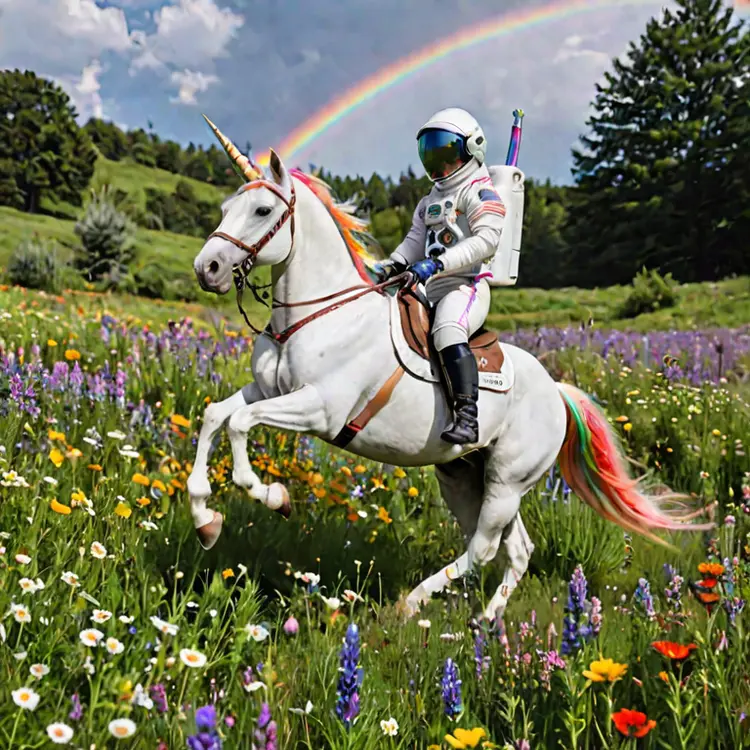 A photo of an astronaut riding a rainbow unicorn through a wildflower meadow