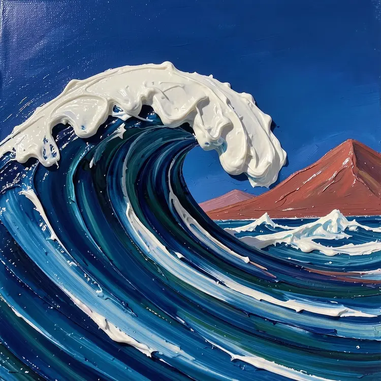 A hyper-detailed close-up of an ocean wave rendered as thick swirling oil paint. Heavy impasto textures, visible brush ridges, glossy highlights. The wave curls in dramatic motion, white paint forming foam. Background shows simple shapes: a deep cobalt sky and faint reddish mountains. Feels half-painting, half-photograph — extremely tactile, creamy, sculptural brushwork.