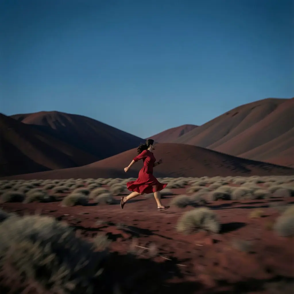A surreal long-lens shot of a woman in a red dress running across a field of soft, rounded volcanic hills. Deep rust and charcoal tones, cobalt sky overhead. Painterly matte texture, soft light, blurred motion. Minimal, timeless, and silent.