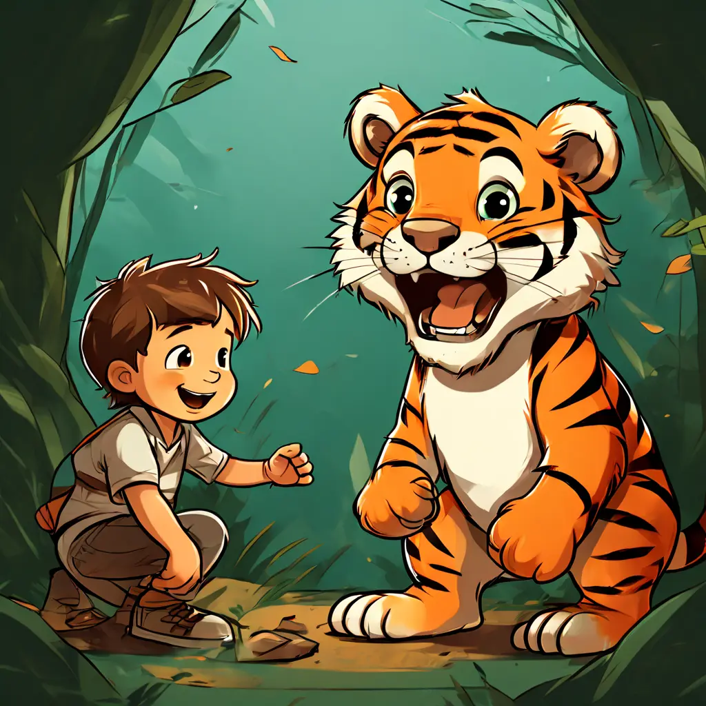 a cartoon of a boy playing with a tiger