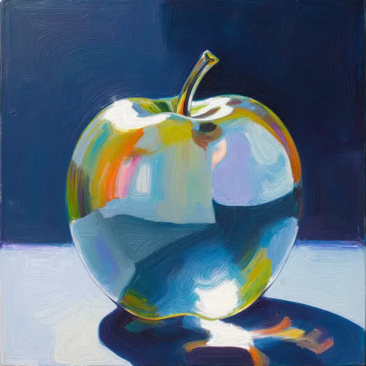 an abstract modern art painting of glass fruit, the glass shines with an iridescent flare, the fruit is transparent