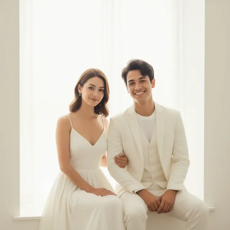 Based on the woman in image 1 and the man in image 2, generate a wedding photo, and simulate the following description: An indoor wedding photo, they are wearing simple and elegant formal wear, no hats. The two people are sitting beside a bright window, with soft and pure white background and natural lighting effects. The lighting is very soft and harmonious, the color tone is warm and pure white, the picture is clean, pure, and high-end.