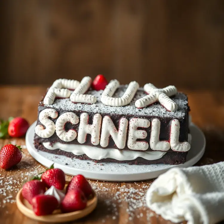 black forest gateau cake spelling out the words "FLUX SCHNELL", tasty, food photography, dynamic shot