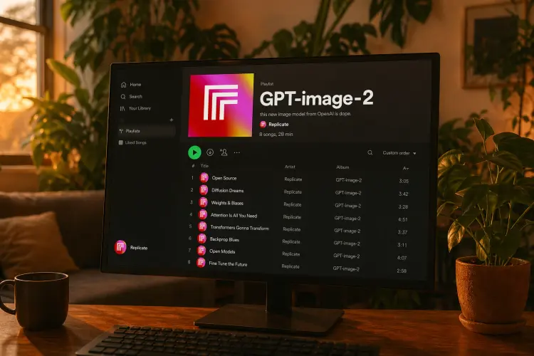 A photo of a computer screen displaying a Spotify playlist in golden hour evening in a living room with lots of green plants in the background. The playlist says GPT-image-2. caption is "this new image model from OpenAI is dope." and the artists are PicassoIA. the songs are themes about open source AI and Machine learning. the account name is PicassoIA. use the logo for PicassoIA as the profile picture and artist image.