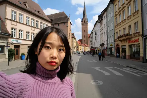 वह अब फ्राइबर्ग की सड़कों पर सेल्फी ले रही है, बाहर का दिन बहुत अच्छा है