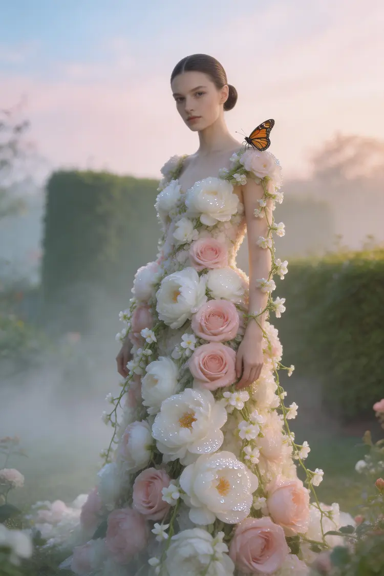 A striking fashion editorial photograph of a model wearing an elaborate haute couture gown made entirely of living flowers — white peonies, pale pink roses, and trailing jasmine. She stands in a misty English garden at dawn. The dress cascades to the ground and merges with the garden floor. Dewdrops on every petal catch the first light. Her hair is pulled back severely, face serene, skin porcelain. A single monarch butterfly rests on her shoulder. The background is a soft impressionist blur of green hedgerows and pale sky. Shot on Phase One IQ4 150MP, every stamen and pistil razor sharp.
