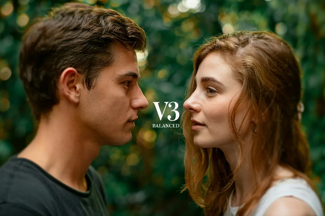 The text "V3 Balanced" in the center middle. A color film-inspired portrait of a young man and a young woman looking at each other, a shallow depth of field that blurs the surrounding elements, drawing attention to their eyes. The fine grain and cast suggest a high ISO film stock, while the wide aperture lens creates a pleasing bokeh effect, enhancing the candid and natural documentary style.