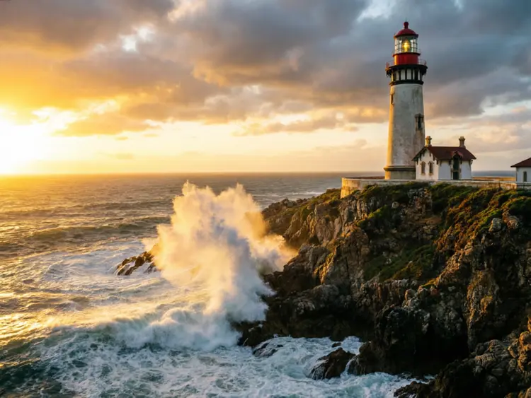 A dramatic coastal lighthouse at sunset, waves crashing against rocky cliffs, golden light illuminating the scene, photorealistic