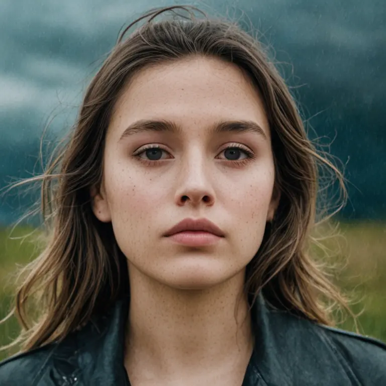 front shot, portrait photo of a 22 y.o woman, looks away, full lips, natural skin, skin moles, stormy weather, (cinematic, film grain:1.1)