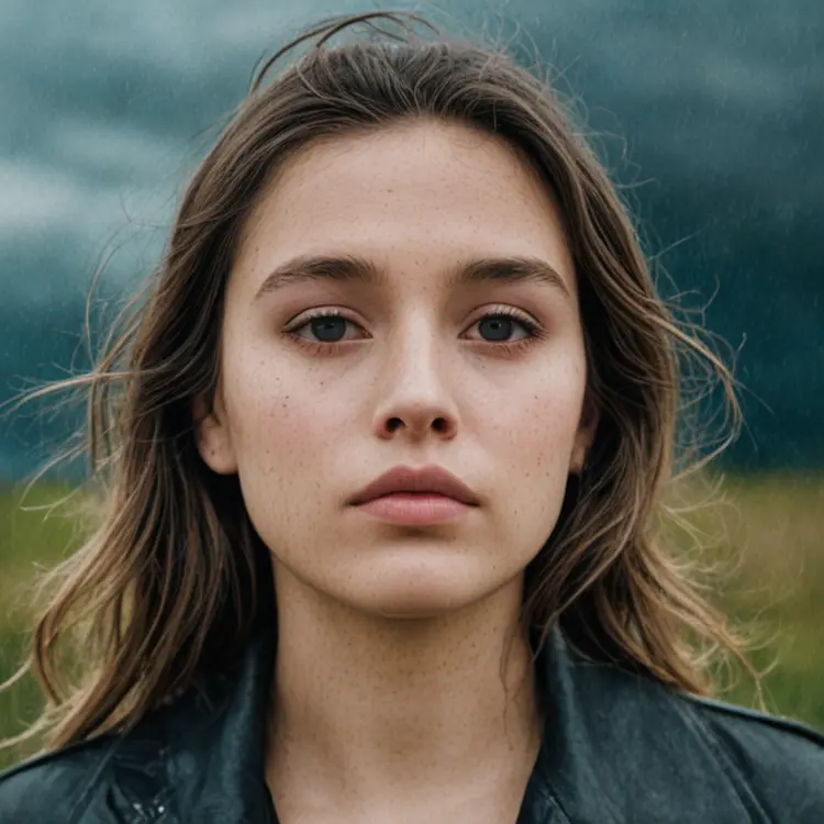 front shot, portrait photo of a 22 y.o woman, looks away, full lips, natural skin, skin moles, stormy weather, (cinematic, film grain:1.1)