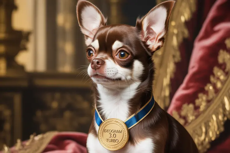 renaissance painting of a chihuahua with "Ideogram 3.0 Turbo" on the dog contest medal, strong side light