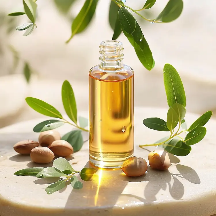 A clear bottle of hair serum with golden liquid, surrounded by fresh botanical ingredients like argan nuts and leaves, bright natural sunlight — placed on a clean stone surface, soft diffused highlights, translucent reflections, warm golden tones, dewy freshness in the air, delicate shadows from leaves, premium organic aesthetic, serene and radiant atmosphere.