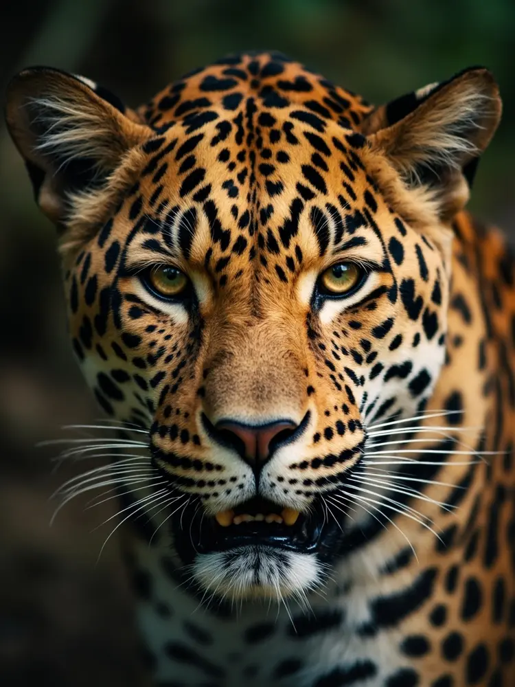 A close-up portrait of a leopard with distinctive spotted pattern and intense eyes