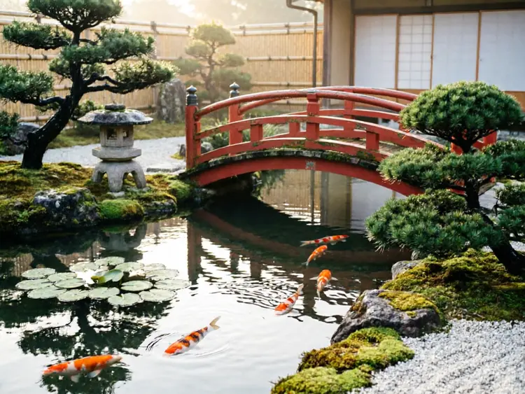 A serene Japanese garden with a red bridge over a koi pond, morning light