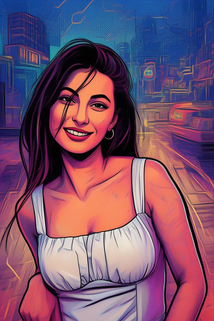 Transform this picture into an American comic style + Pop Art + cyber neon illustration