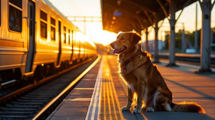 a dog sitting at an empty train platform at sunset, waiting, melancholy atmosphere
