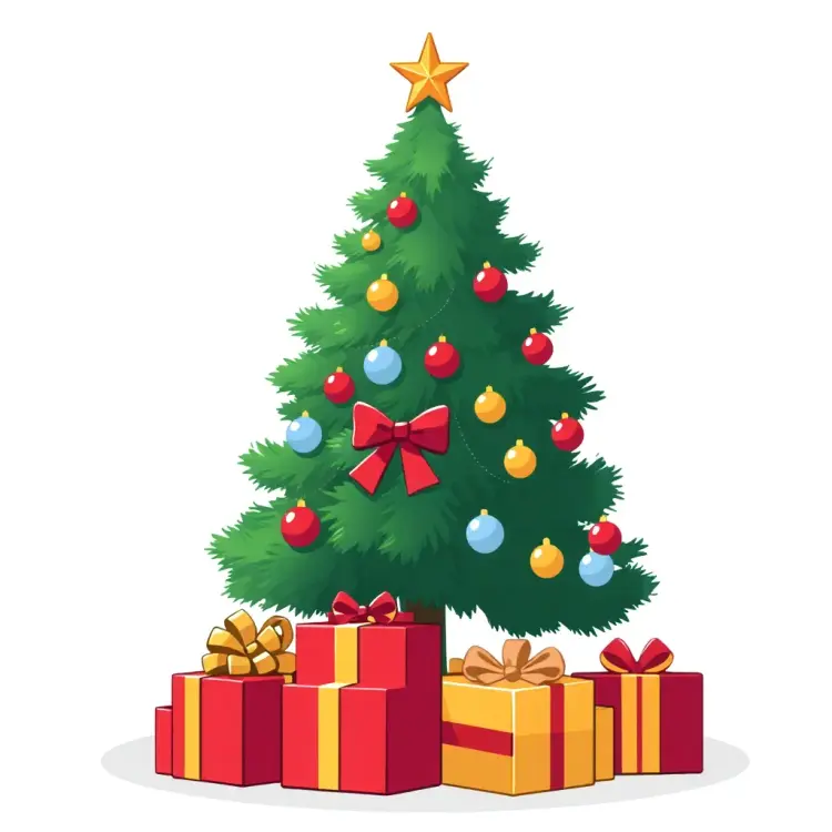 v3ct0r style, simple vector art, isolated on white bg, xmas tree with beautifully wrapped gifts beneath it, character asset, clip art
