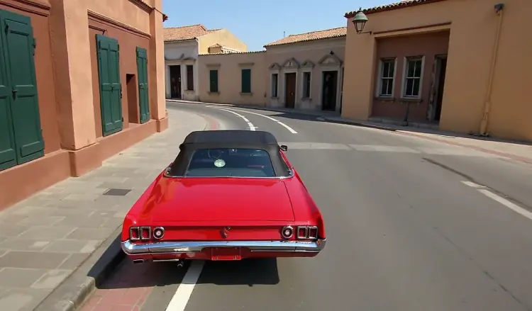 A red vintage convertible driving through an old town