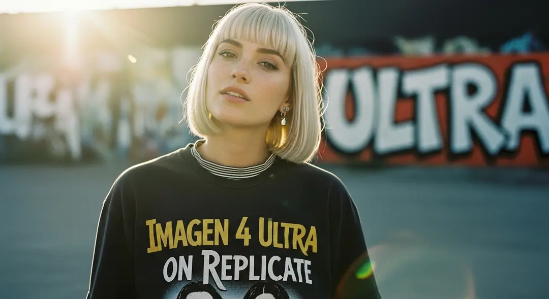 The photo: Create a cinematic, photorealistic medium shot capturing the nostalgic warmth of a mid-2000s indie film. The focus is a young woman with a sleek, straight bob haircut in cool platinum white with freckled skin, looking directly and intently into the camera lens with a knowing smirk, her head is looking up slightly. She wears an oversized band t-shirt that says "Imagen 4 Ultra on Replicate" in huge stylized text over a long-sleeved striped top and simple silver stud earrings. The lighting is soft, golden hour sunlight creating lens flare and illuminating dust motes in the air. The background shows a blurred outdoor urban setting with graffiti-covered walls (the graffiti says "ultra" in stylized graffiti lettering), rendered with a shallow depth of field. Natural film grain, a warm, slightly muted color palette, and sharp focus on her expressive eyes enhance the intimate, authentic feel