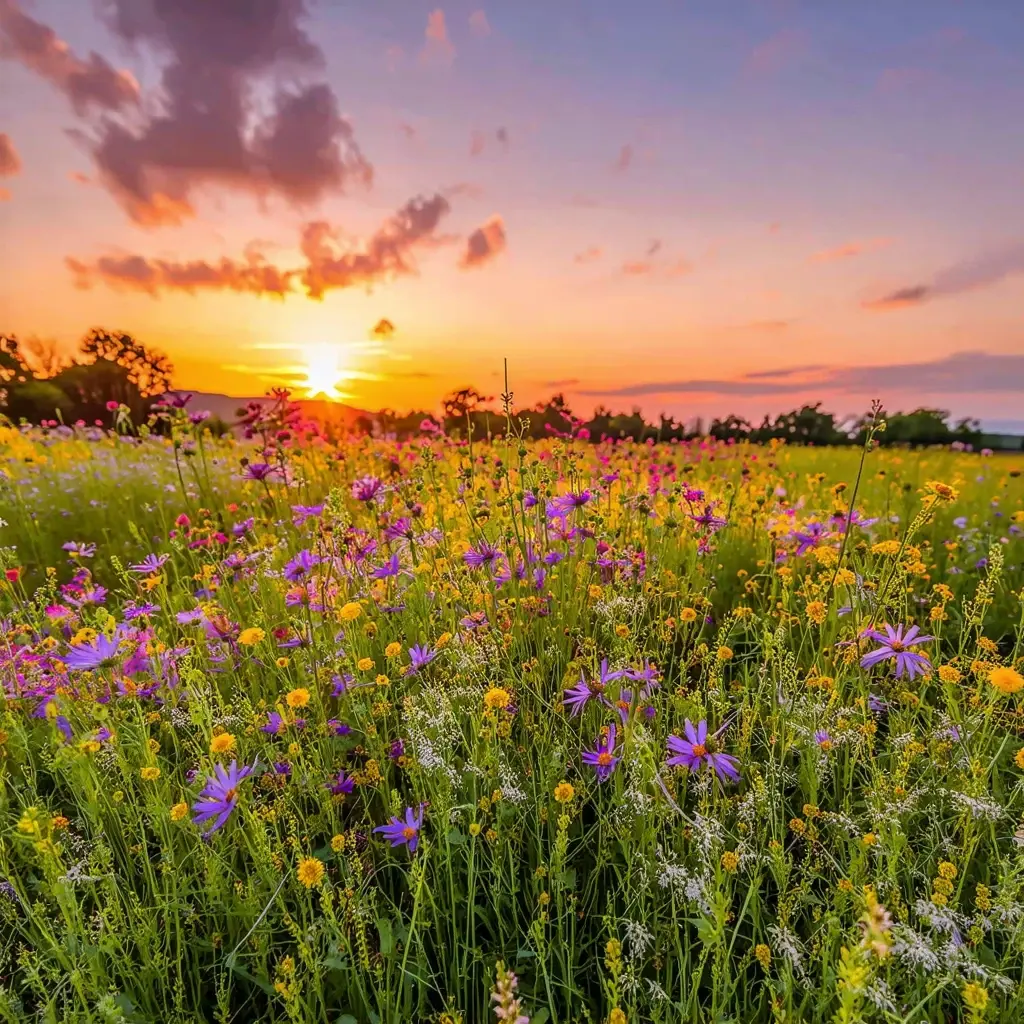 A photo of beautiful flowery meadow, at sunset