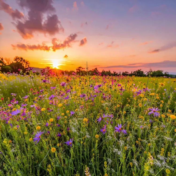 A photo of beautiful flowery meadow, at sunset