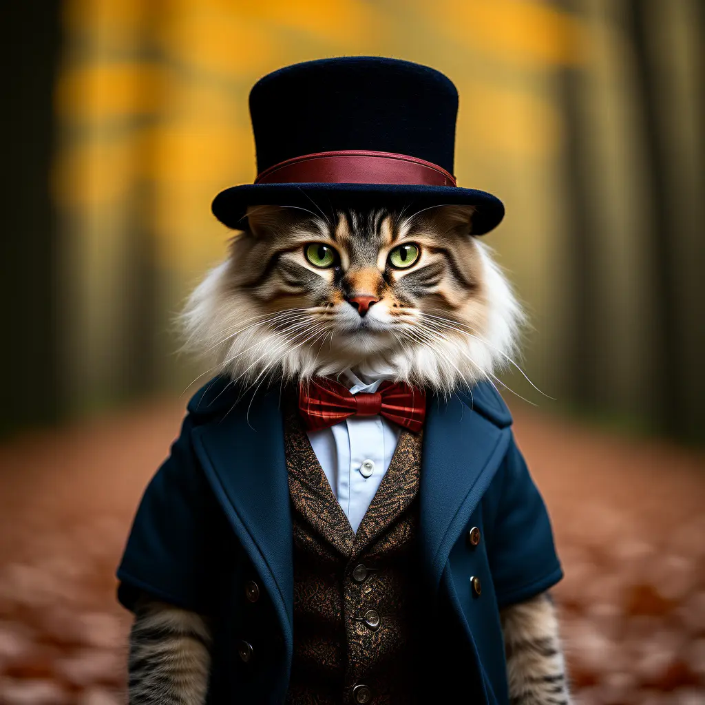 professional portrait photo of an anthropomorphic cat wearing fancy gentleman hat and jacket walking in autumn forest.