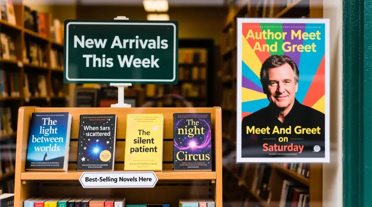 Bookstore window display. A sign displays “New Arrivals This Week”. Below, a shelf tag with the text “Best-Selling Novels Here”. To the side, a colorful poster advertises “Author Meet And Greet on Saturday” with a central portrait of the author. There are four books on the bookshelf, namely “The light between worlds” “When stars are scattered” “The slient patient” “The night circus”