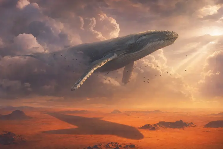 Surreal painting of a whale swimming through the clouds
