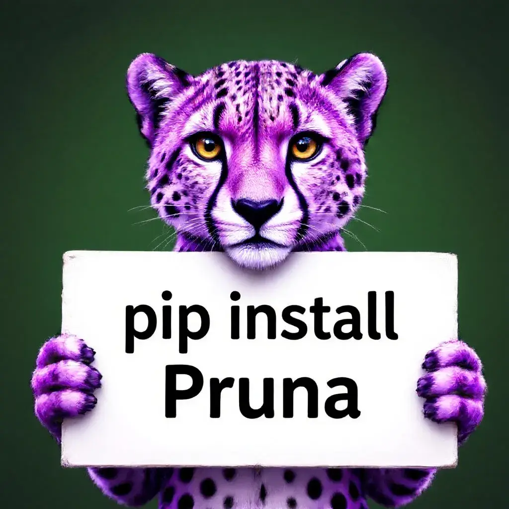 a purple cheetah holding a sign that says "pip install pruna"