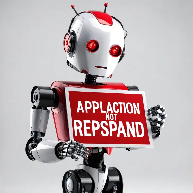 A robot holding a sign saying 'The Application did not respond' in red colors