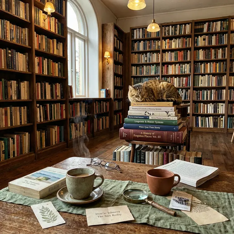 A cozy bookshop interior with warm golden light streaming through tall windows, floor-to-ceiling shelves packed with colorful books, a tabby cat sleeping on a stack of novels, steam rising from a cup of tea on a reading desk
