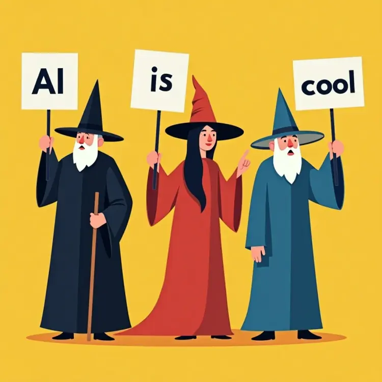 Three magical wizards standing on a yellow table, each holding a sign. On the left, a wizard in black robes holds a sign that says ‘AI’; in the middle, a witch in red robes holds a sign that says ‘is’; and on the right, a wizard in blue robes holds a sign that says ‘cool’