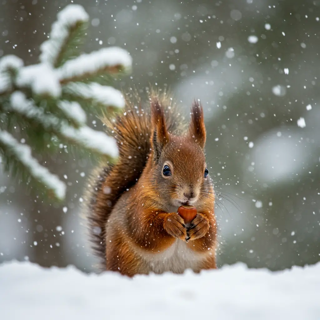 A close-up shot captures a winter wonderland scene - soft snowflakes fall on a snow-covered forest floor. Behind a frosted pine branch, a red squirrel sits, its bright orange fur a splash of color against the white. It holds a small hazelnut. As it enjoys its meal, it seems oblivious to the falling snow.
