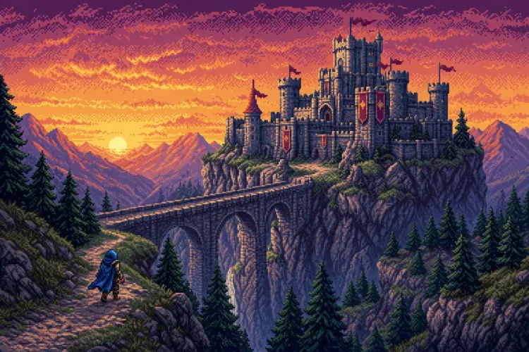 Sixteen-bit pixel art castle at sunset