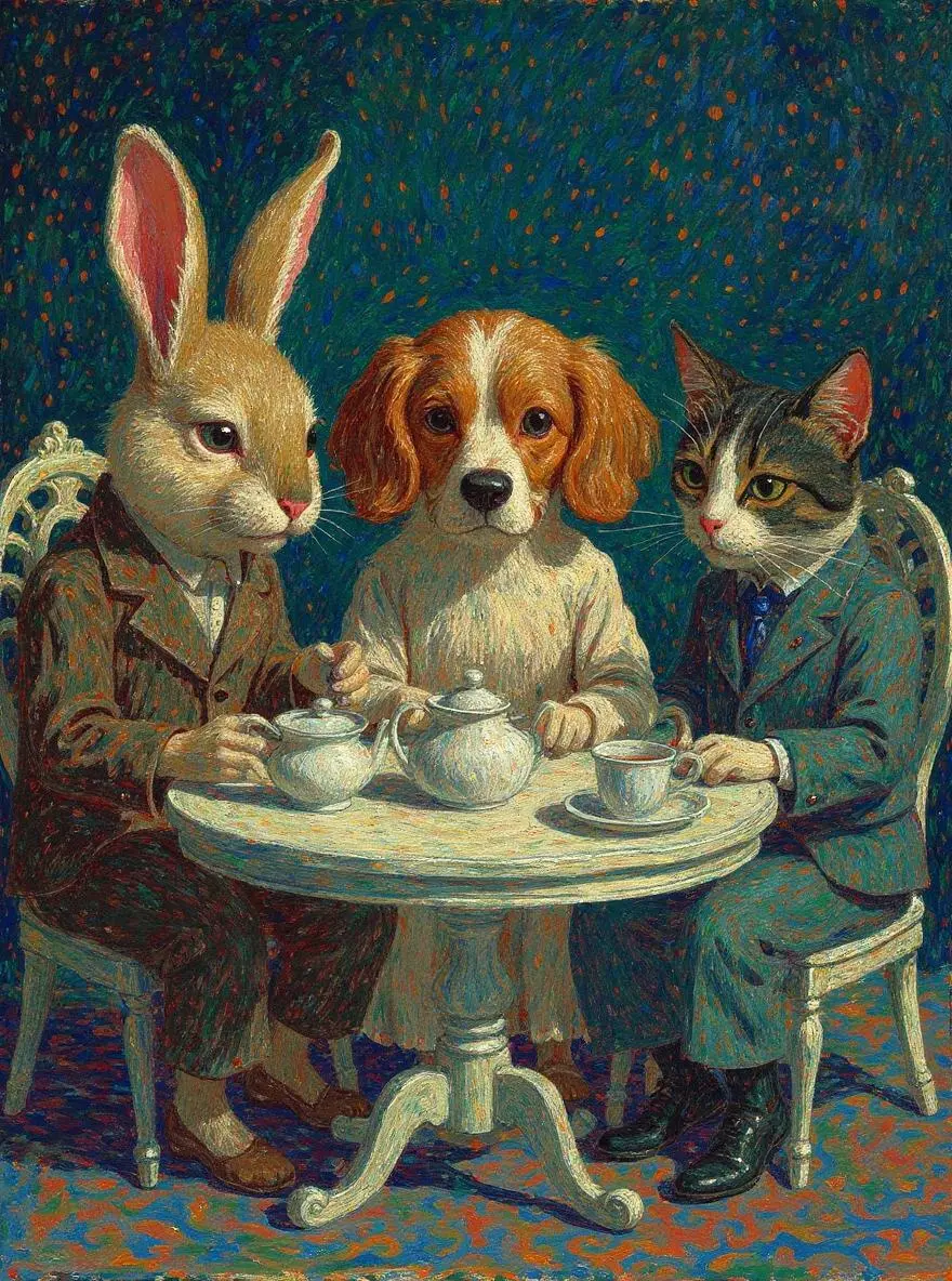 Using this style, a bunny, a dog and a cat are having a tea party seated around a small white table
