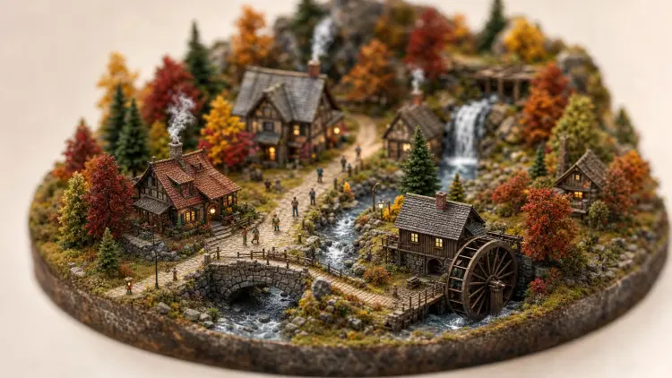 Tilt-shift miniature diorama of an autumn village