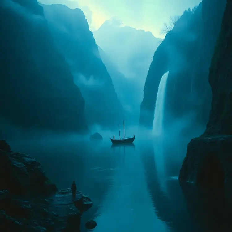 r3dcma, 35mm movie still;

::Ethereal misty fjord:: Towering cliffs, ::mirror-like water::, ancient longship emerging from fog, ::waterfall cascading:: into crystalline pool, ::Nordic runes:: carved into rock face, ::aurora borealis:: painting the sky, ::floating lanterns::, mystical stone archway, ::twilight ambiance::, epic scale, ::Terrence Malick-inspired::, anamorphic lens flare

In the style of r3dcma.