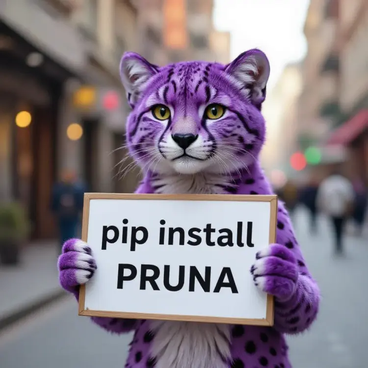 a purple cheetah holding a sign that says "pip install pruna"