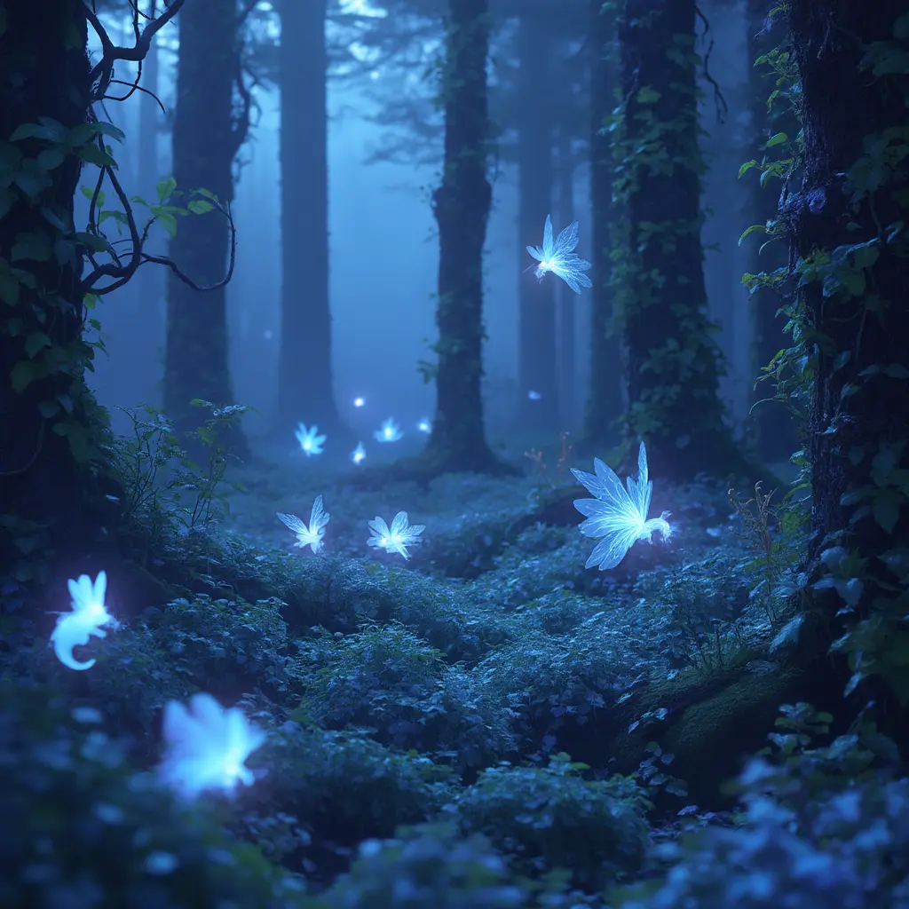 An enchanted forest with glowing plants and mystical creatures