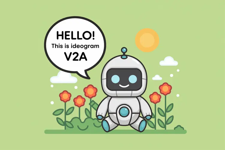 Vector art of a cute robot, in a speech bubble it says "Hello! This is Ideogram V2A" in a friendly font, the robot is in a garden