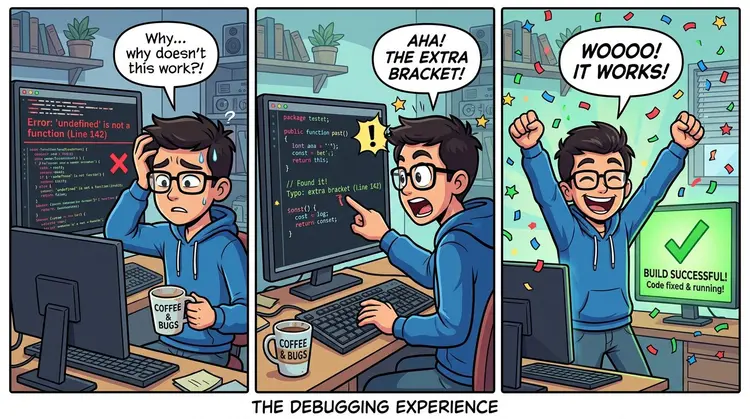 A 3-panel comic strip in a clean, modern cartoon style. Panel 1: A programmer stares at their screen with a confused expression, coffee cup in hand. Panel 2: The programmer's eyes widen as they spot the bug. Panel 3: The programmer celebrates with arms raised, confetti falls, and the screen shows a green checkmark. Caption at the bottom reads 'THE DEBUGGING EXPERIENCE'.