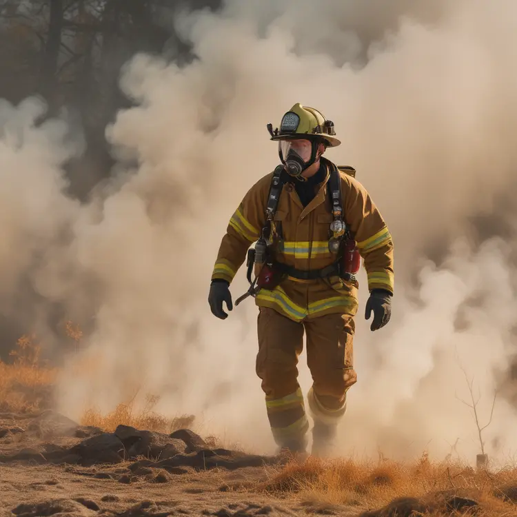 A firefighter with a rugged jawline rushes through the billowing smoke of an autumn blaze