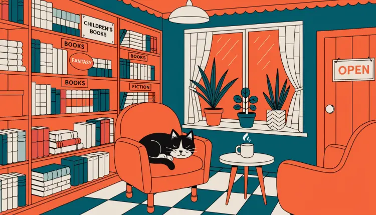 Flat vector illustration of a cozy bookshop interior, warm orange and teal color palette, mid-century modern style, books neatly arranged on wooden shelves, a cat sleeping on a reading chair, potted plants by the window