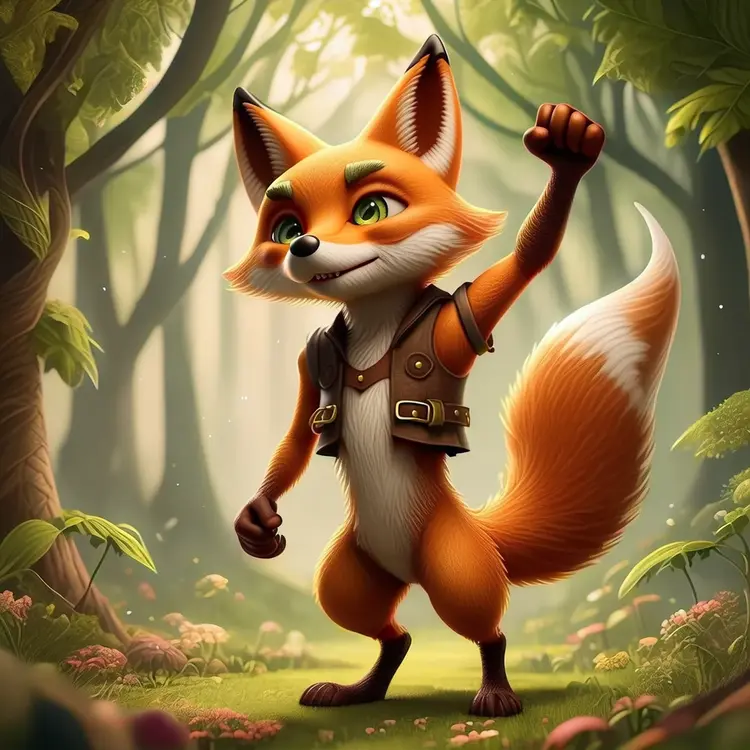 3D animated anthropomorphic fox character in_triumphant pose with fist raise