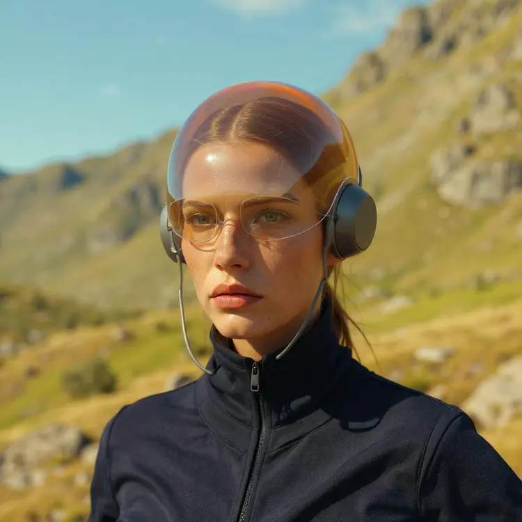 Combine these photos into one fluid scene. Make the woman in the first image wear the futuristic headgear in the second image. Then put the same woman the third image's scene.