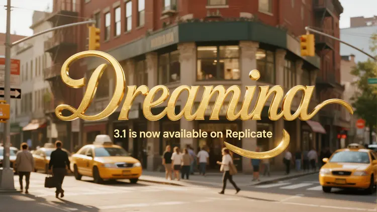 the words "Dreamina 3.1 is now available on Replicate" in script handwritten 3D gold letters hovering on a busy city street