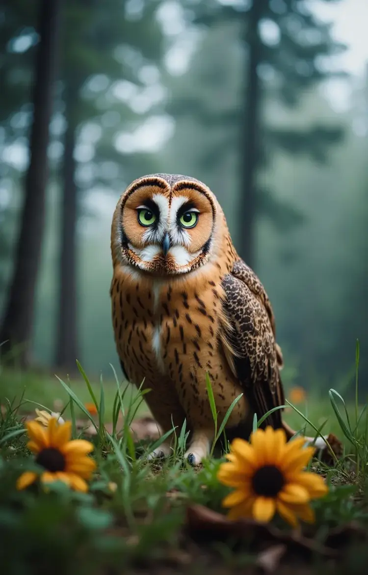 an owl with piercing green eyes, set against a serene and misty forest backdrop